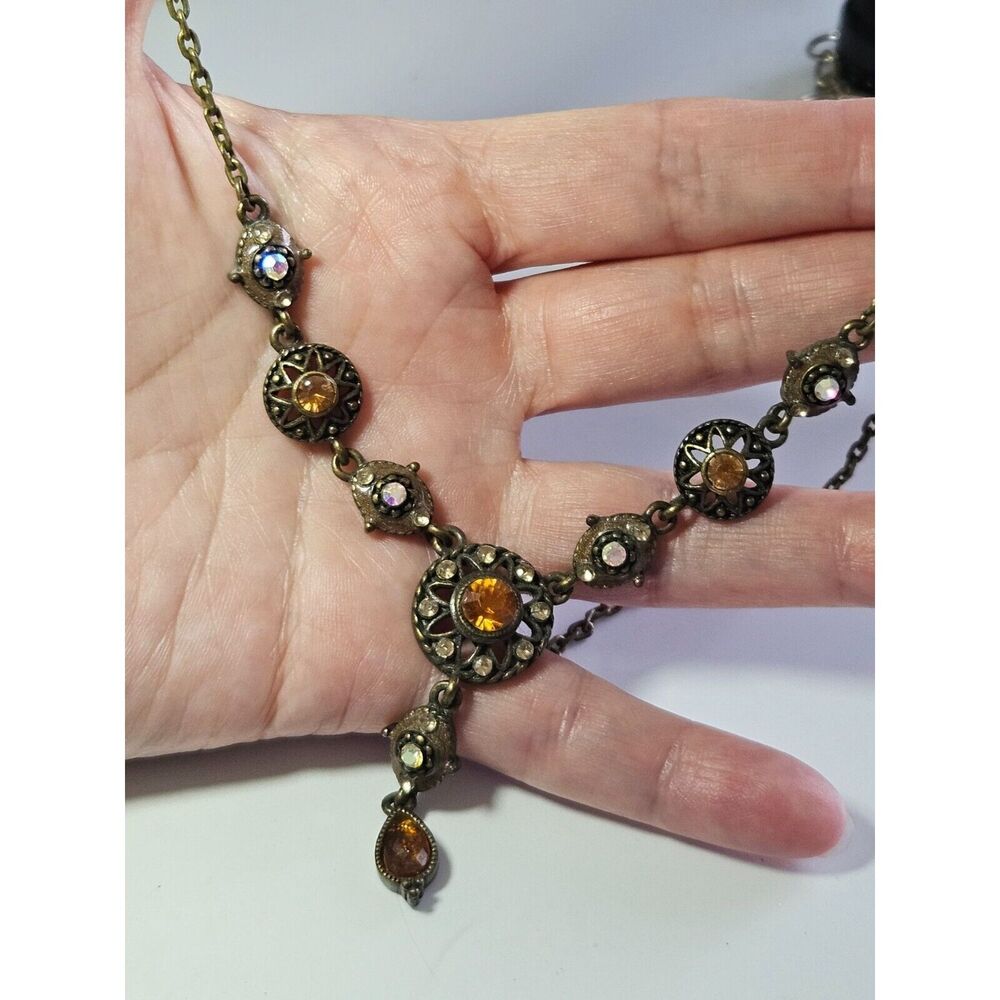 Avon Y Necklace brown iridescent rhinestone 18"